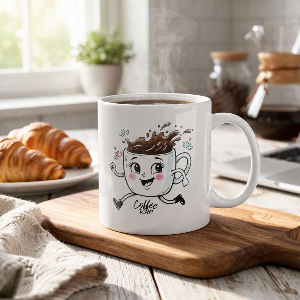 Coffee Run Cute Mug – Funny Kawaii Coffee Cup, Happy Coffee Lover Gift