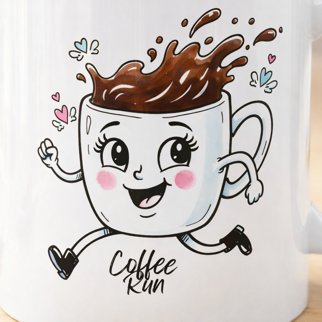 Coffee Run Cute Mug – Funny Kawaii Coffee Cup, Happy Coffee Lover Gift