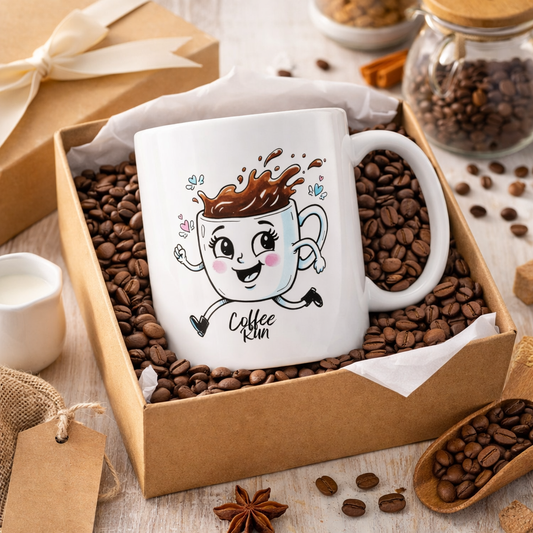 Coffee Run Cute Mug – Funny Kawaii Coffee Cup, Happy Coffee Lover Gift