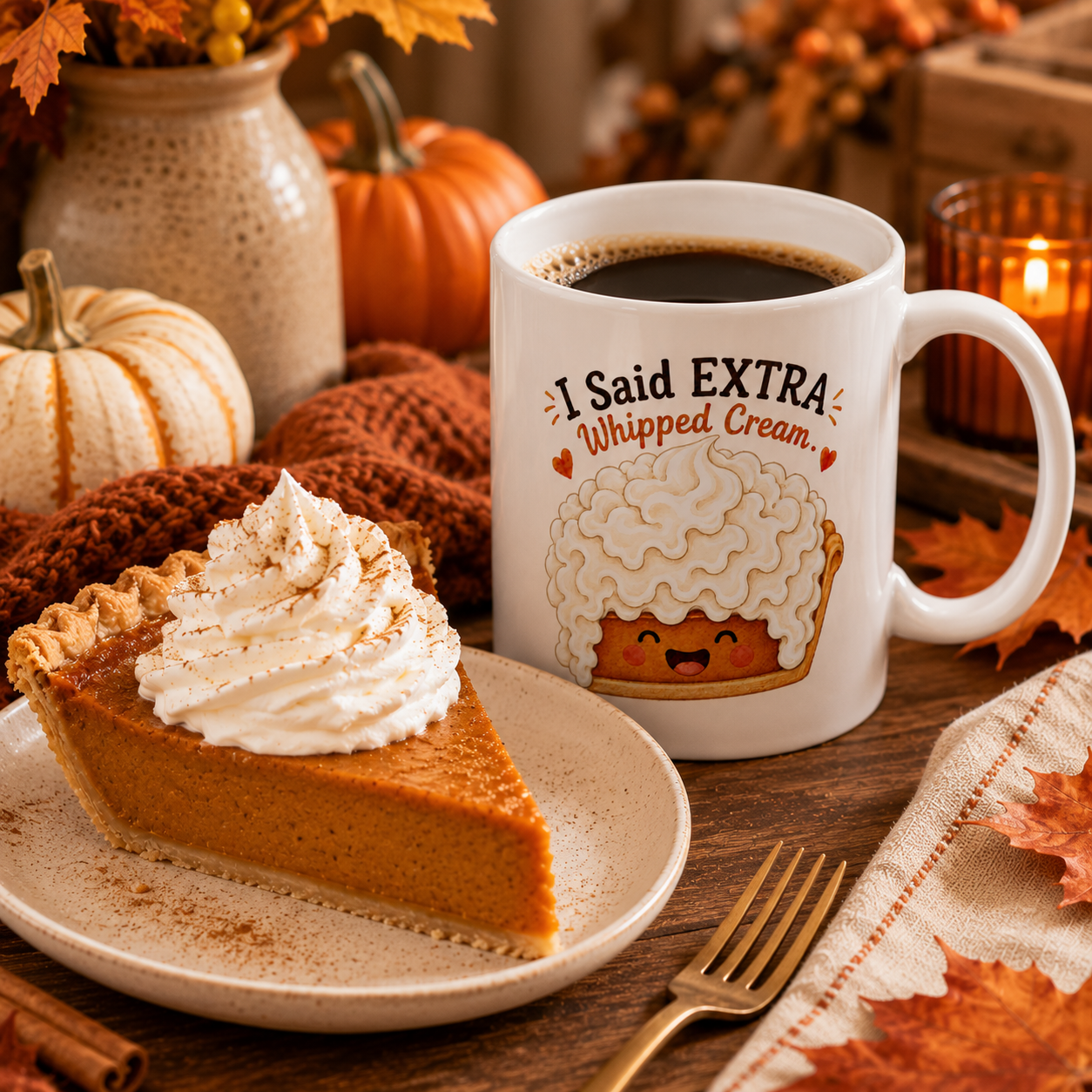 Cute Pumpkin Pie Mug, Extra Whipped Cream Coffee Cup, Fall Coffee Lover Gift, Cozy Kitchen Mug