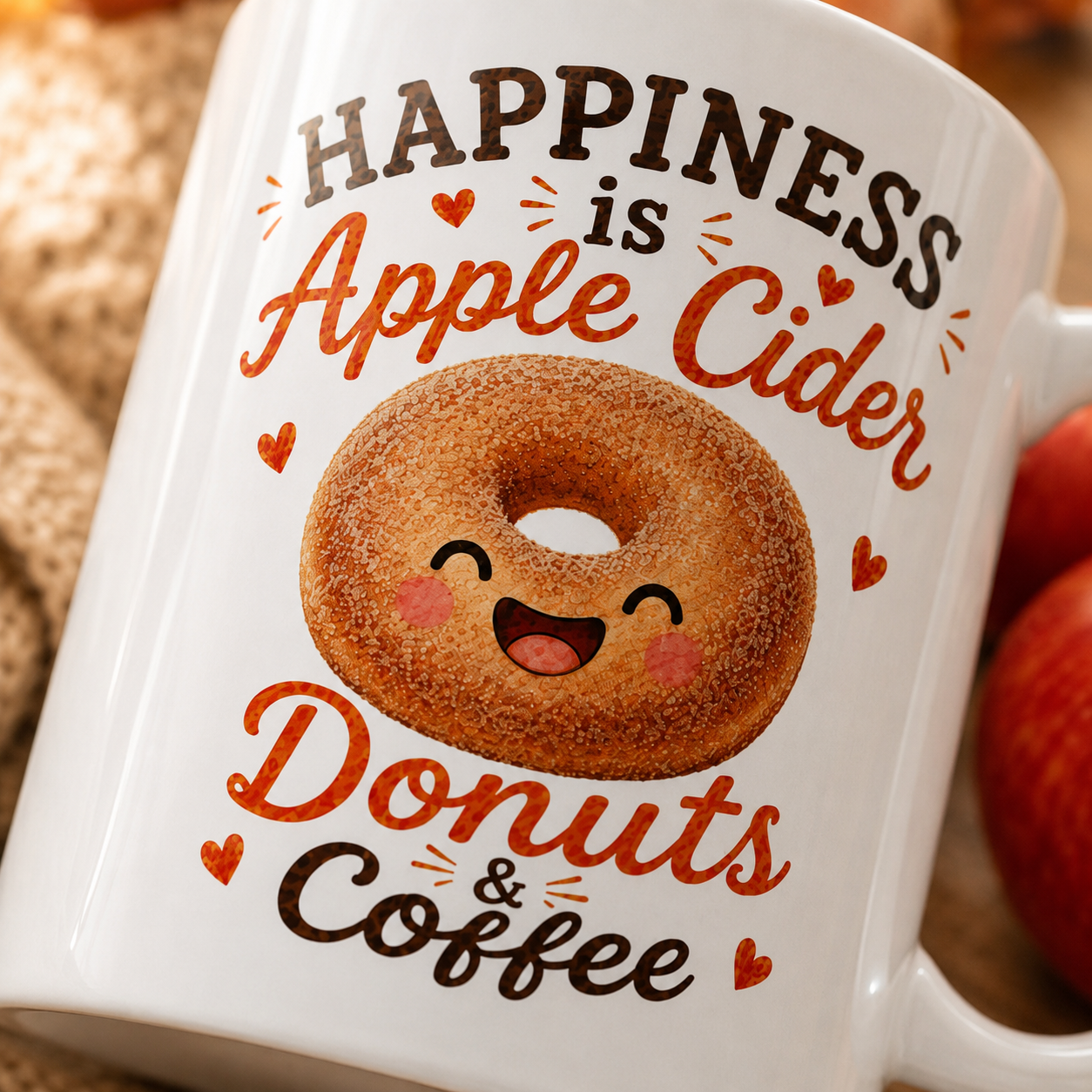 Fall Coffee Mug, Happiness Is Apple Cider Donuts Coffee Mug, Cute Autumn Gift, Apple Lover Mug, Cozy Season Cup