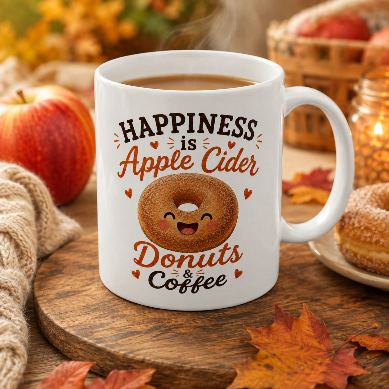 Fall Coffee Mug, Happiness Is Apple Cider Donuts Coffee Mug, Cute Autumn Gift, Apple Lover Mug, Cozy Season Cup