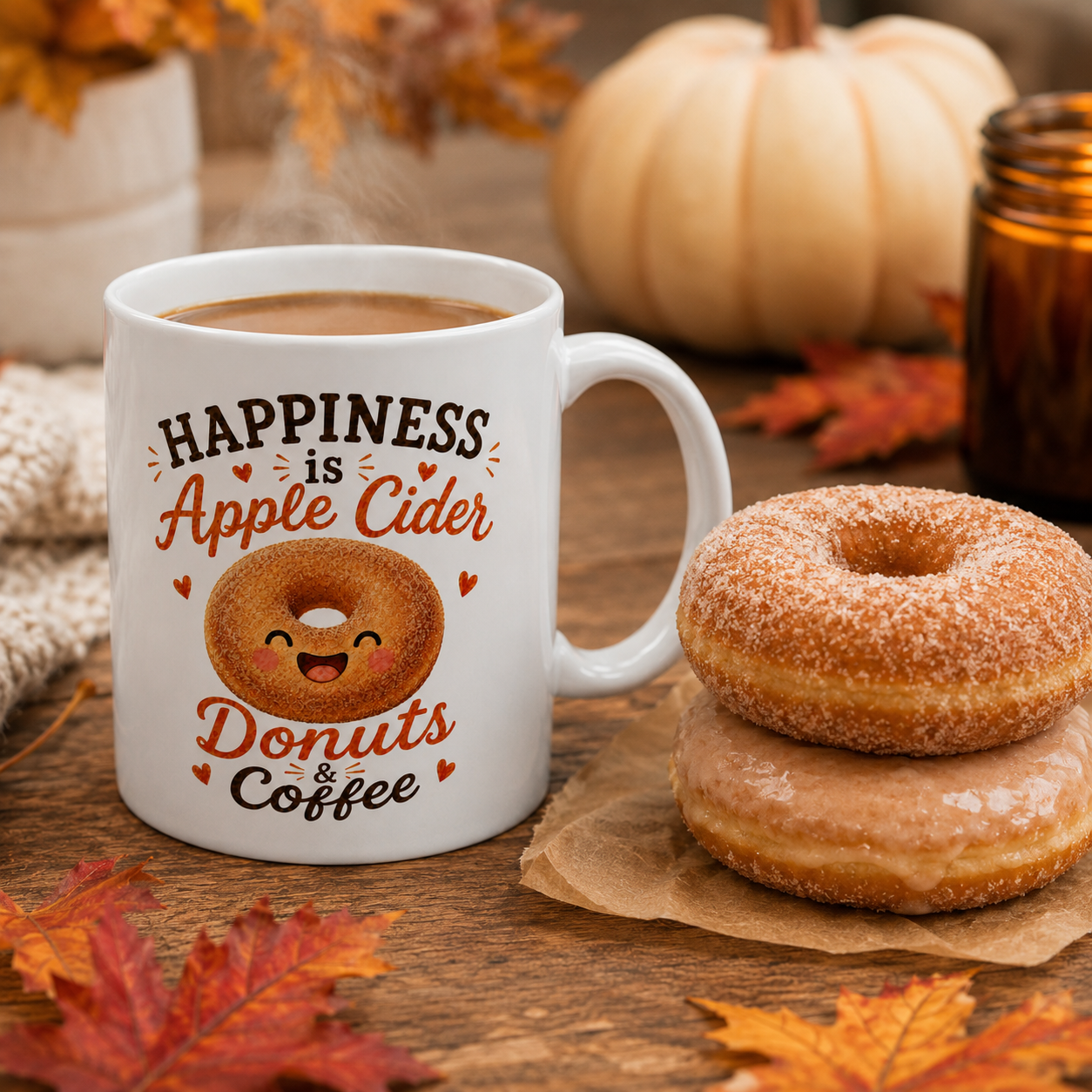 Fall Coffee Mug, Happiness Is Apple Cider Donuts Coffee Mug, Cute Autumn Gift, Apple Lover Mug, Cozy Season Cup