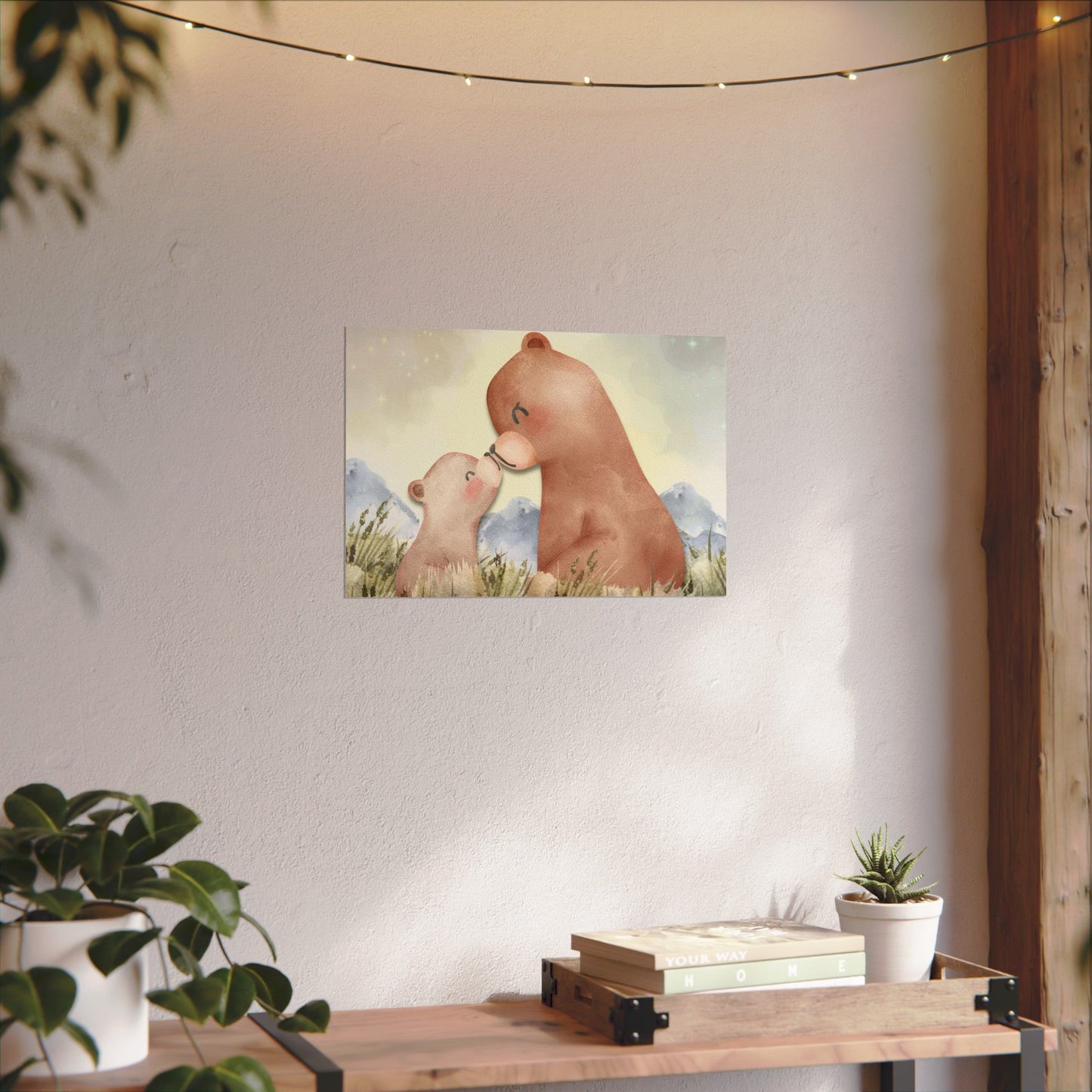 Mama Bear & Cub Watercolor Poster — Nursery Wall Art, Textured Matte Print