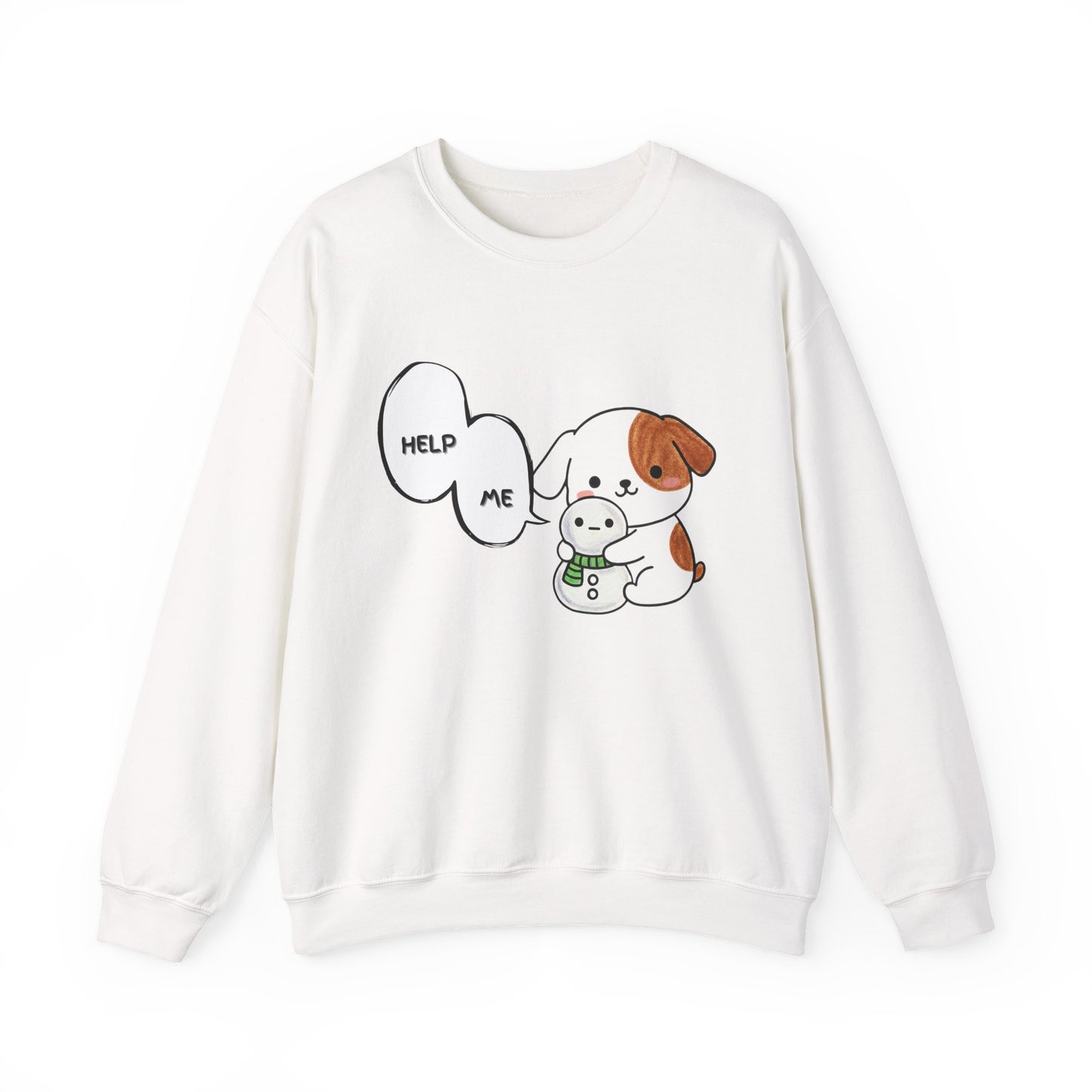 Funny Dog Sweatshirt – “Help Me” Snowman Dog Toy Design, Cute Kawaii Crewneck for Dog Lovers, Cozy Unisex Pullover, Pet Humor Gift