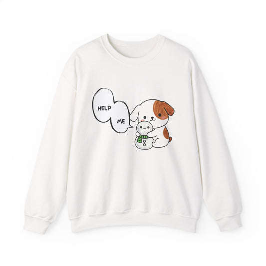 Funny Dog Sweatshirt – “Help Me” Snowman Dog Toy Design, Cute Kawaii Crewneck for Dog Lovers, Cozy Unisex Pullover, Pet Humor Gift