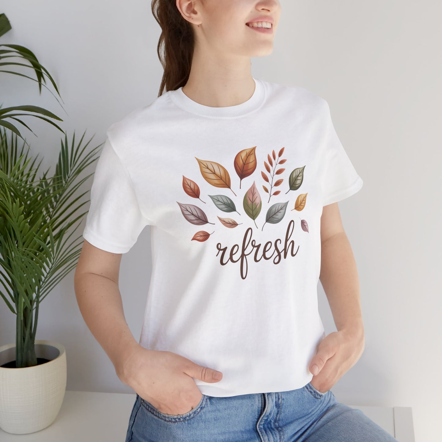 Fall Refresh T-Shirt | Autumn Leaf Graphic Tee | Cozy Fall Shirt for Women & Men | Nature Inspired Short Sleeve Tee | Eco Friendly Unisex Cotton Top
