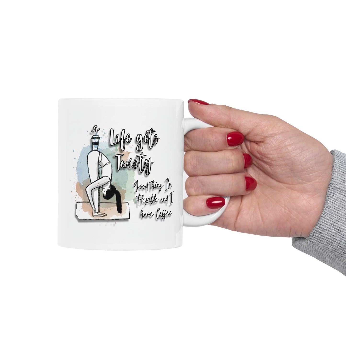 Yoga Coffee Mug – “Life Gets Twisty” Funny Yoga Quote Mug, Flexibility & Coffee Lover Gift, Watercolor Yoga Pose Mug, Mindfulness Gift for Yogis