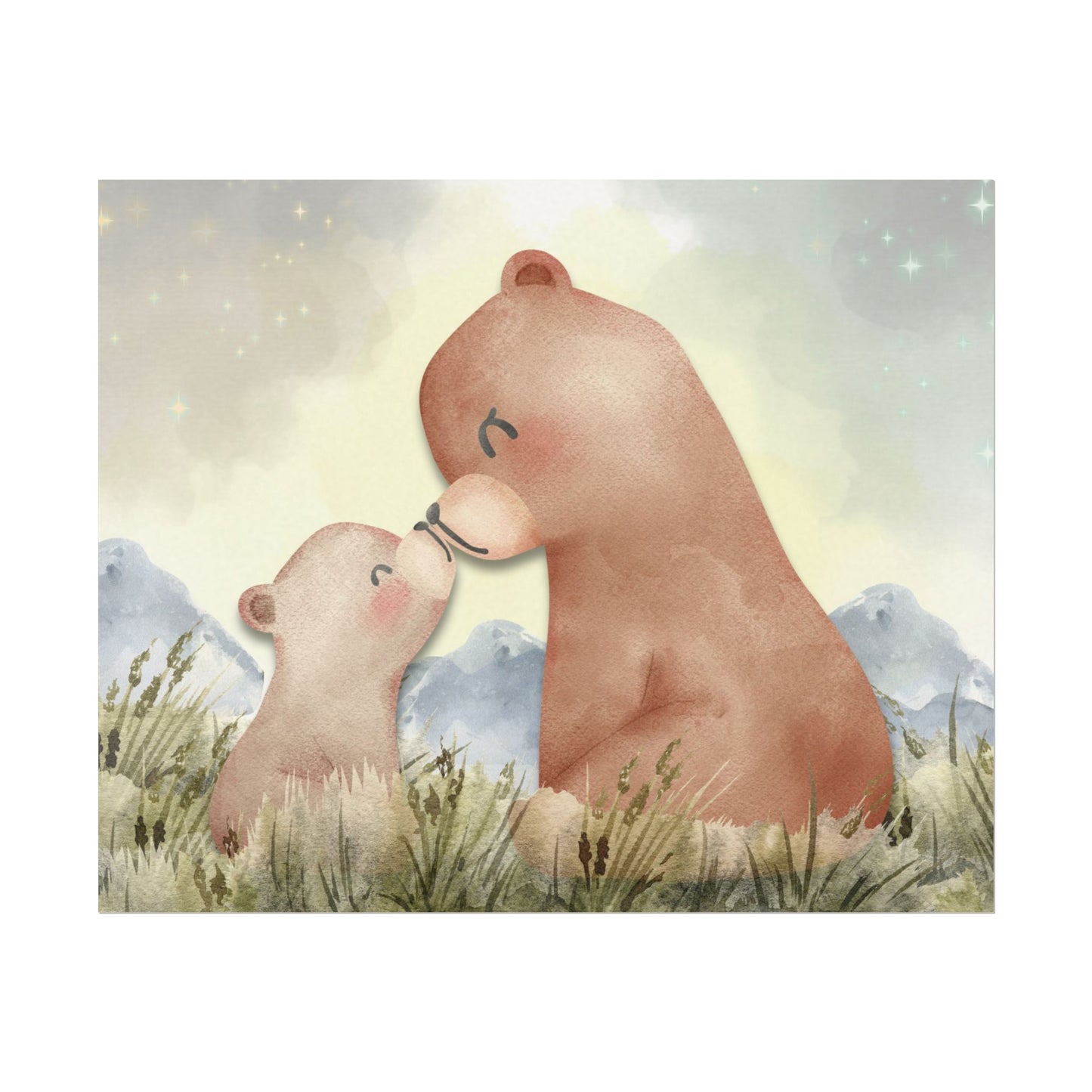 Mama Bear & Cub Watercolor Poster — Nursery Wall Art, Textured Matte Print