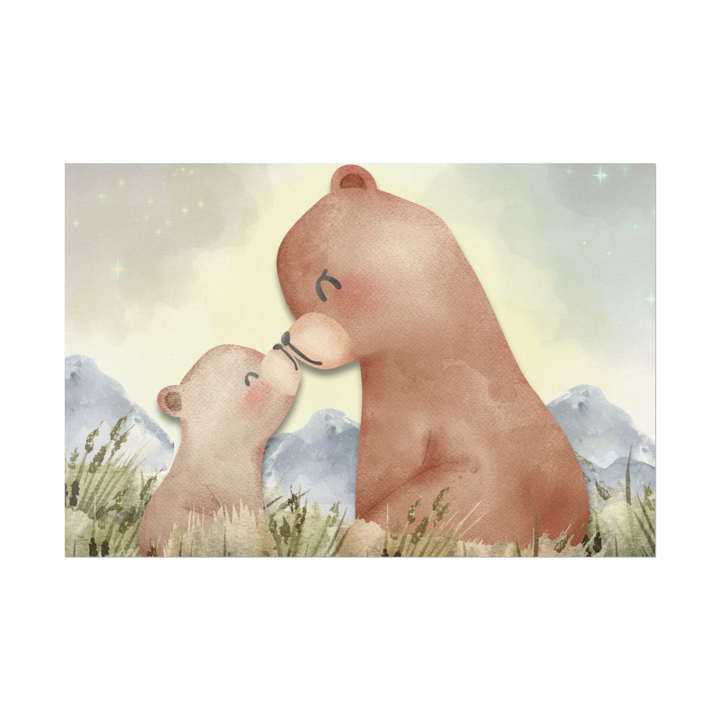 Mama Bear & Cub Watercolor Poster — Nursery Wall Art, Textured Matte Print