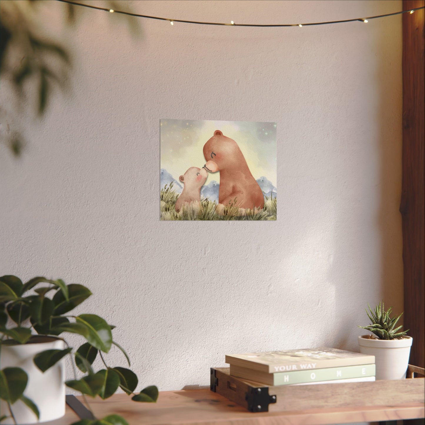 Mama Bear & Cub Watercolor Poster — Nursery Wall Art, Textured Matte Print