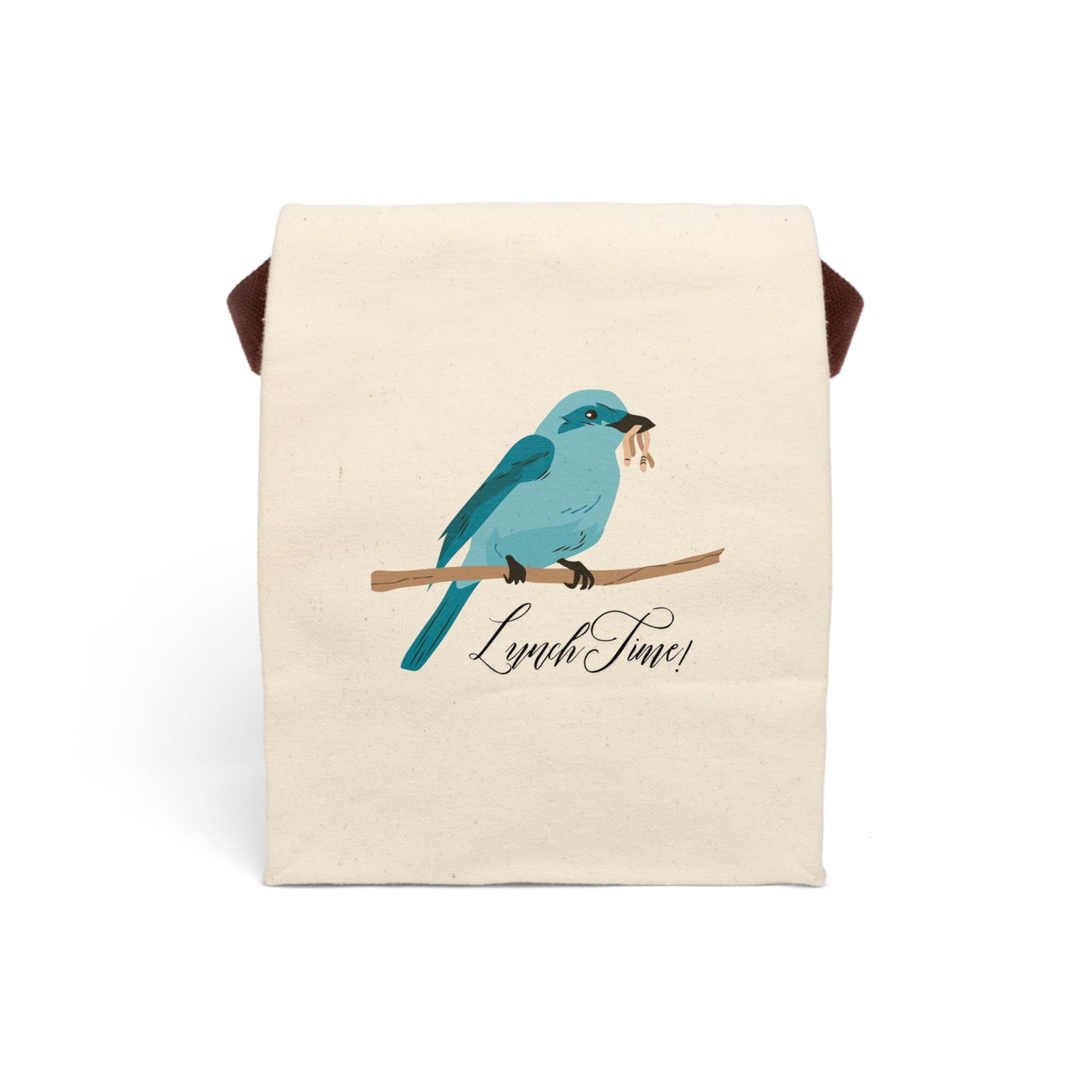 Beige pouch with a blue bird illustration and 'Lunch Time!' text on a white background