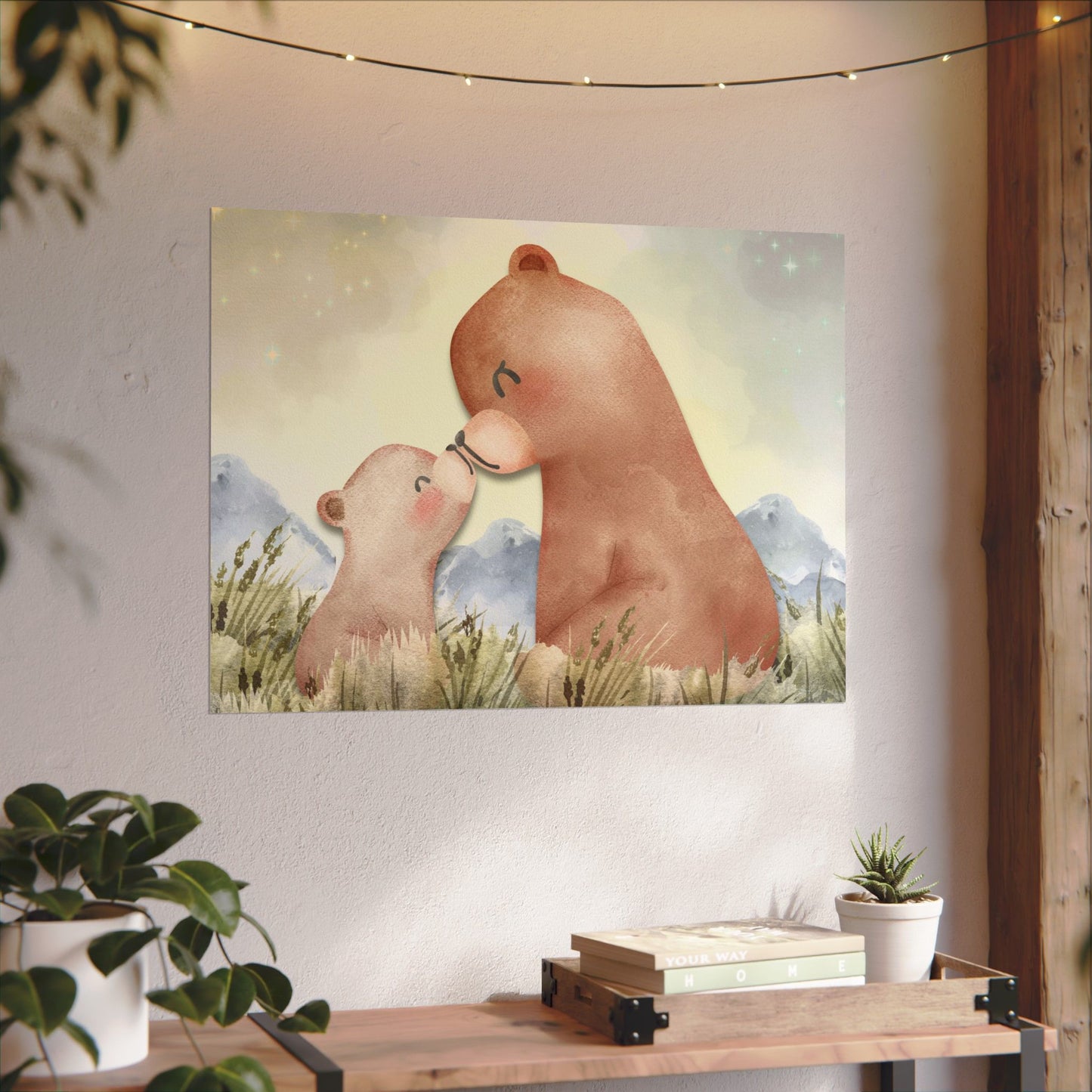 Mama Bear & Cub Watercolor Poster — Nursery Wall Art, Textured Matte Print