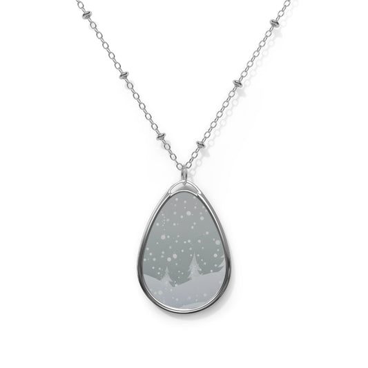 Winter Snow Scene Necklace – Teardrop Pendant with Forest Design, Silver Chain Jewelry, Holiday Gift for Her, Minimalist Winter Necklace