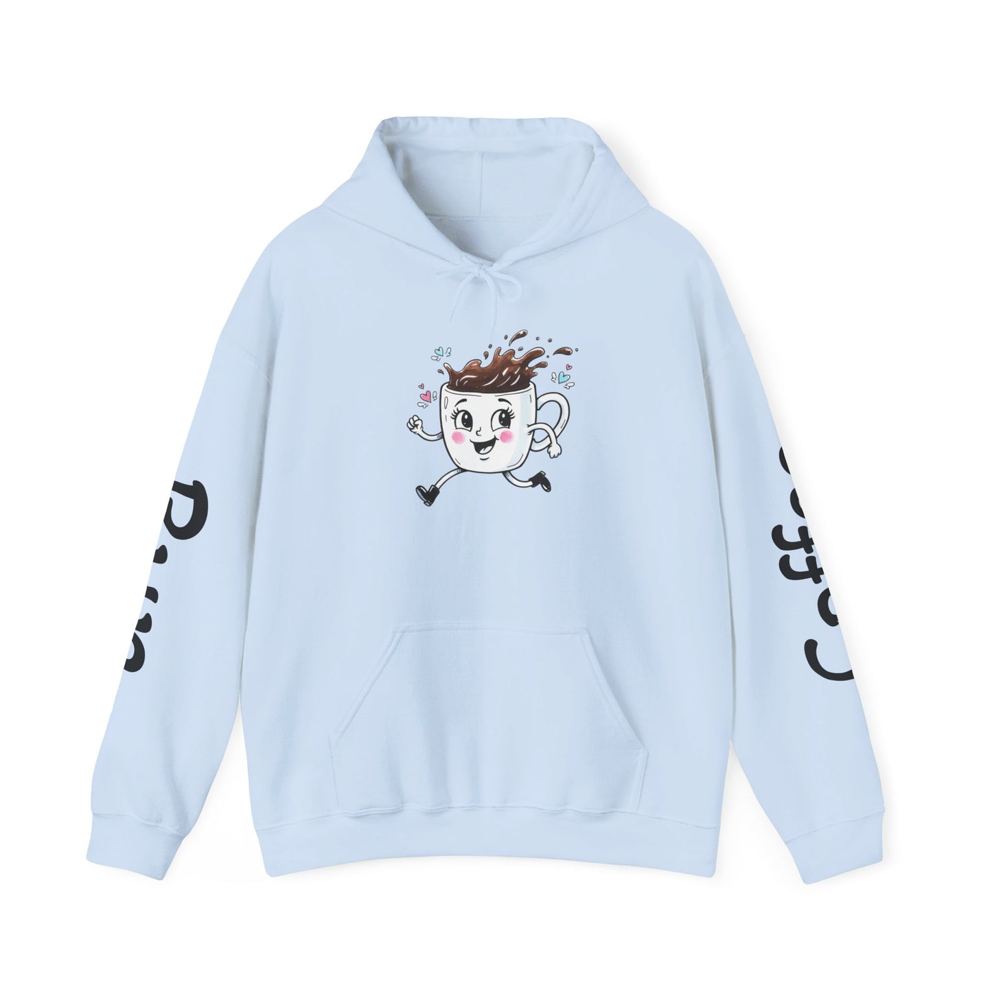 Coffee Cup Mascot Hoodie — Cute Running Coffee Mug Graphic Sweatshirt with Sleeve 'Coffee Run' Text