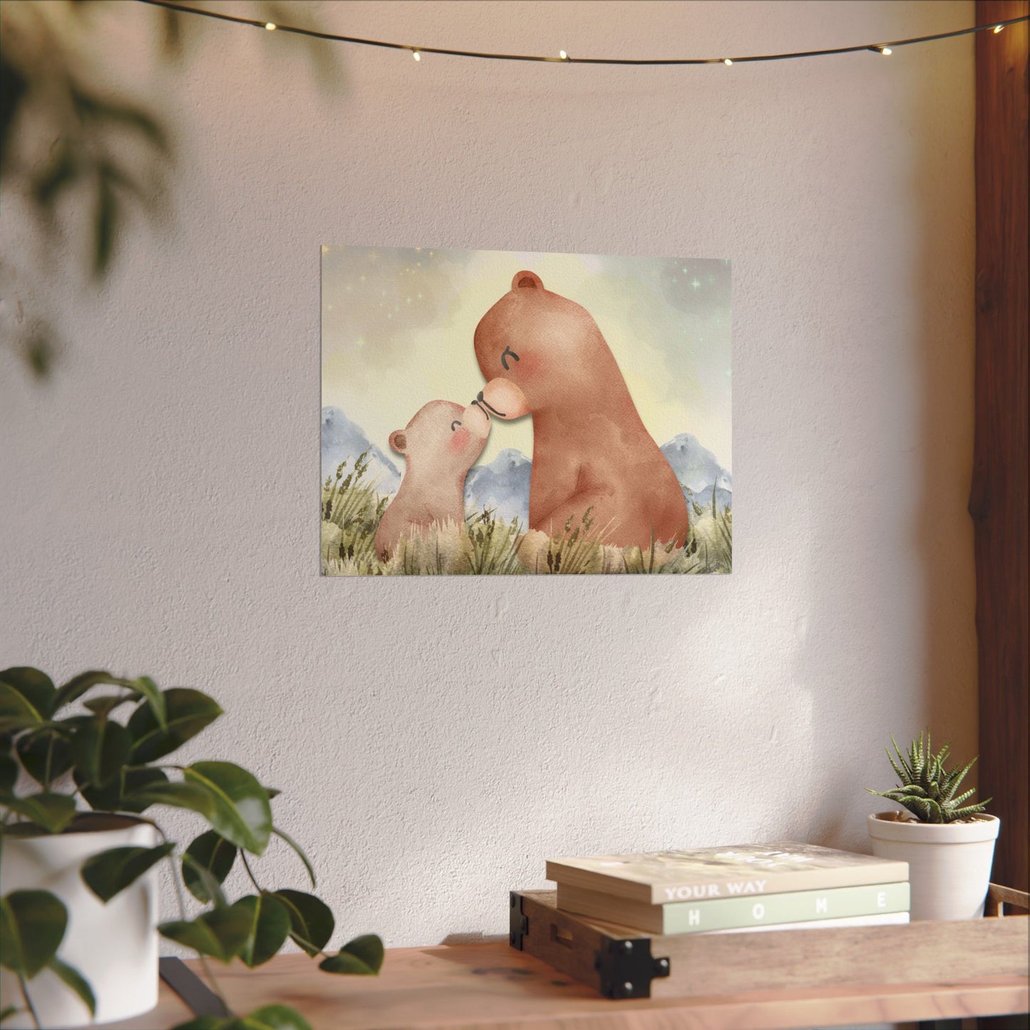 Mama Bear & Cub Watercolor Poster — Nursery Wall Art, Textured Matte Print