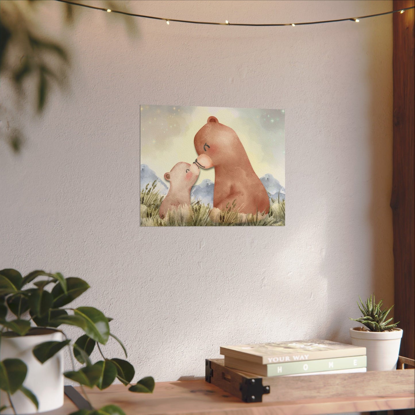 Mama Bear & Cub Watercolor Poster — Nursery Wall Art, Textured Matte Print