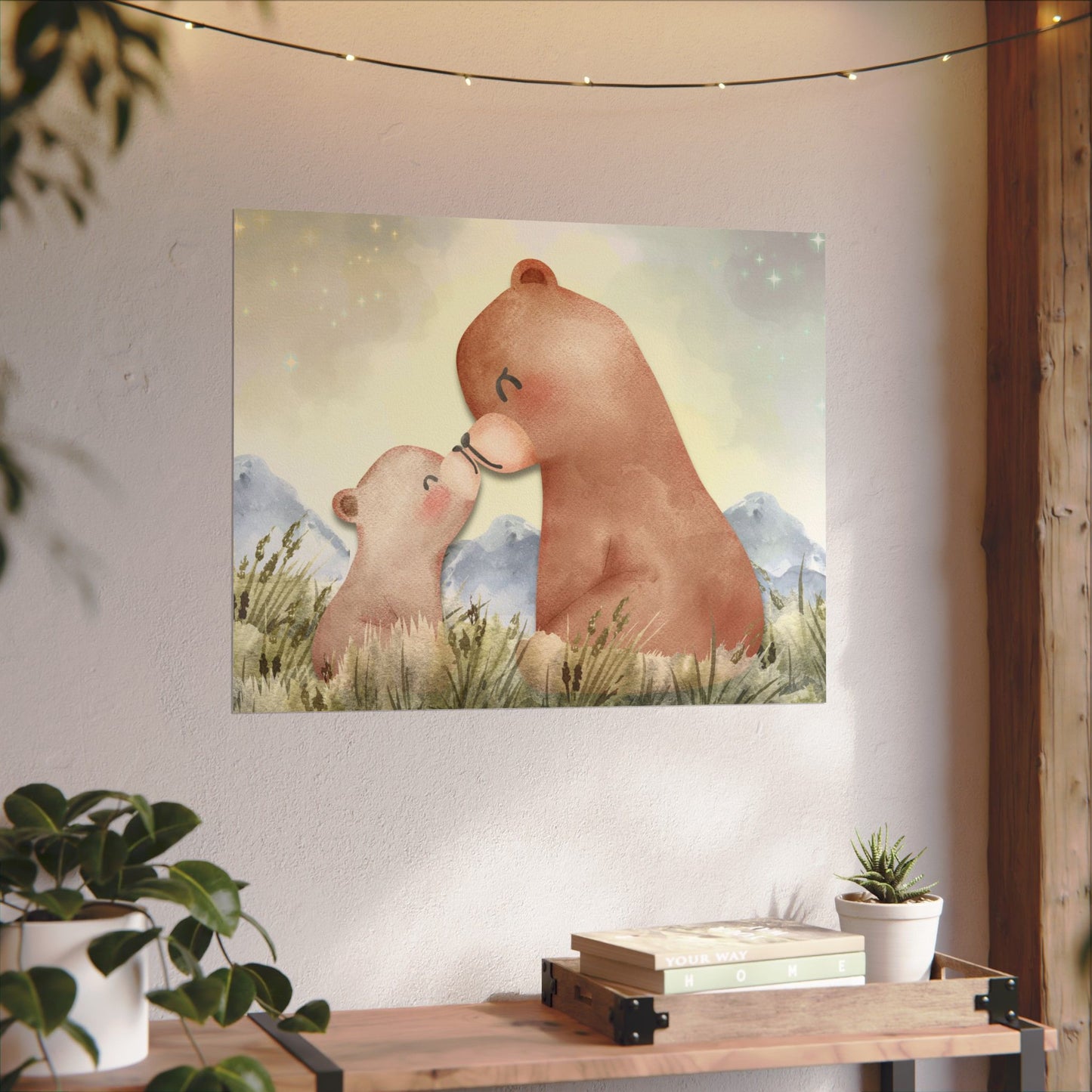 Mama Bear & Cub Watercolor Poster — Nursery Wall Art, Textured Matte Print