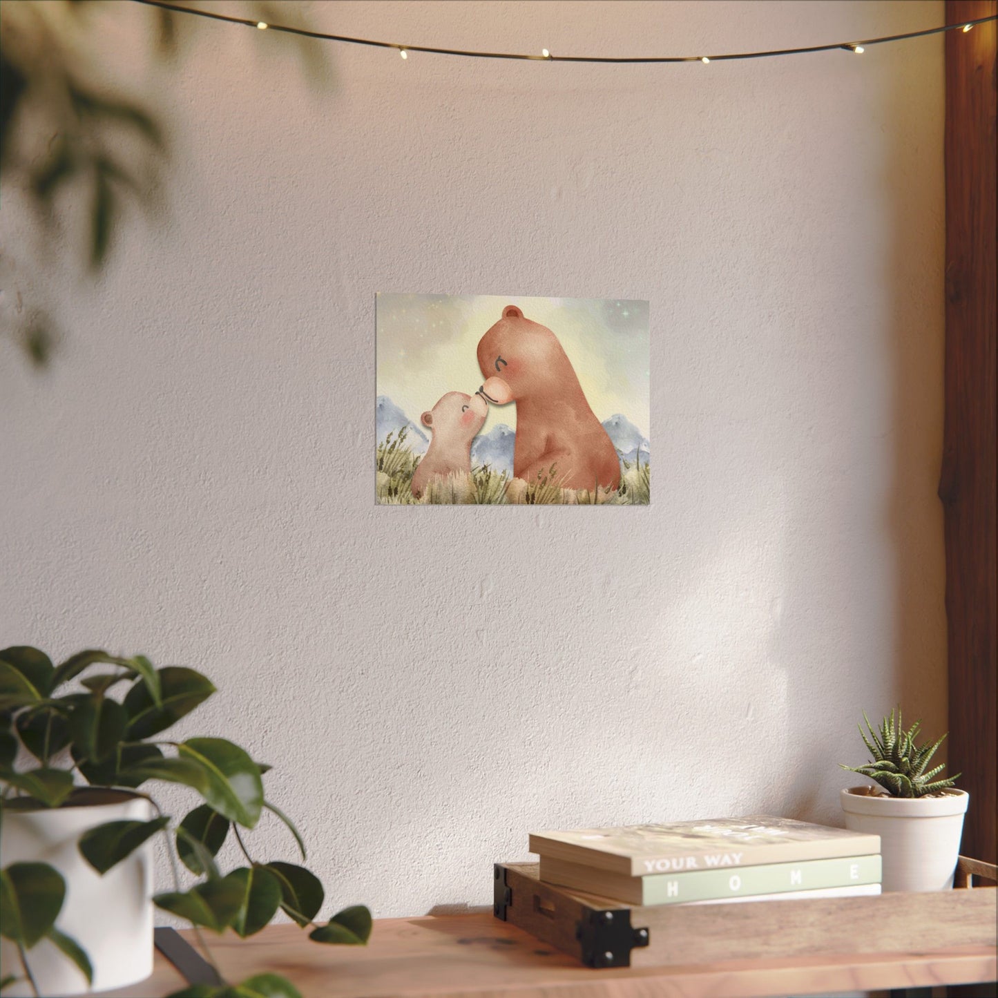 Mama Bear & Cub Watercolor Poster — Nursery Wall Art, Textured Matte Print
