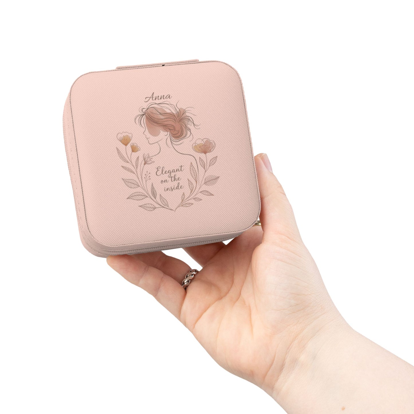 Personalized Travel Jewelry Case – Custom Name Jewelry Box in Pink, Ivory & Soft Gold | “Elegant on the Inside” Floral PU Leather Organizer | Gift for Her