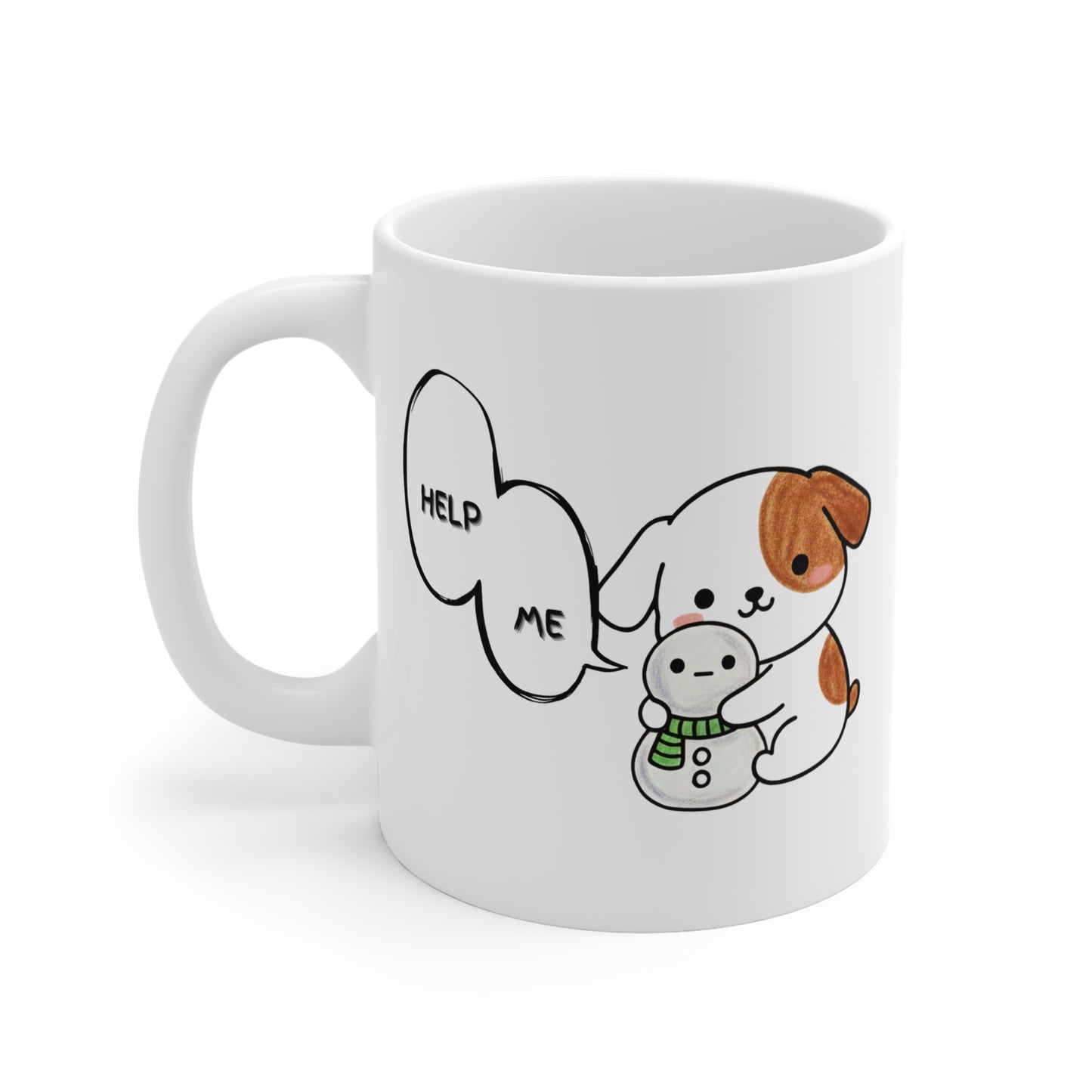 Funny Dog Mug – “Help Me” Snowman Dog Toy Design, Cute Kawaii Coffee Cup for Dog Lovers, 11oz White Ceramic Mug, Pet Humor Gift