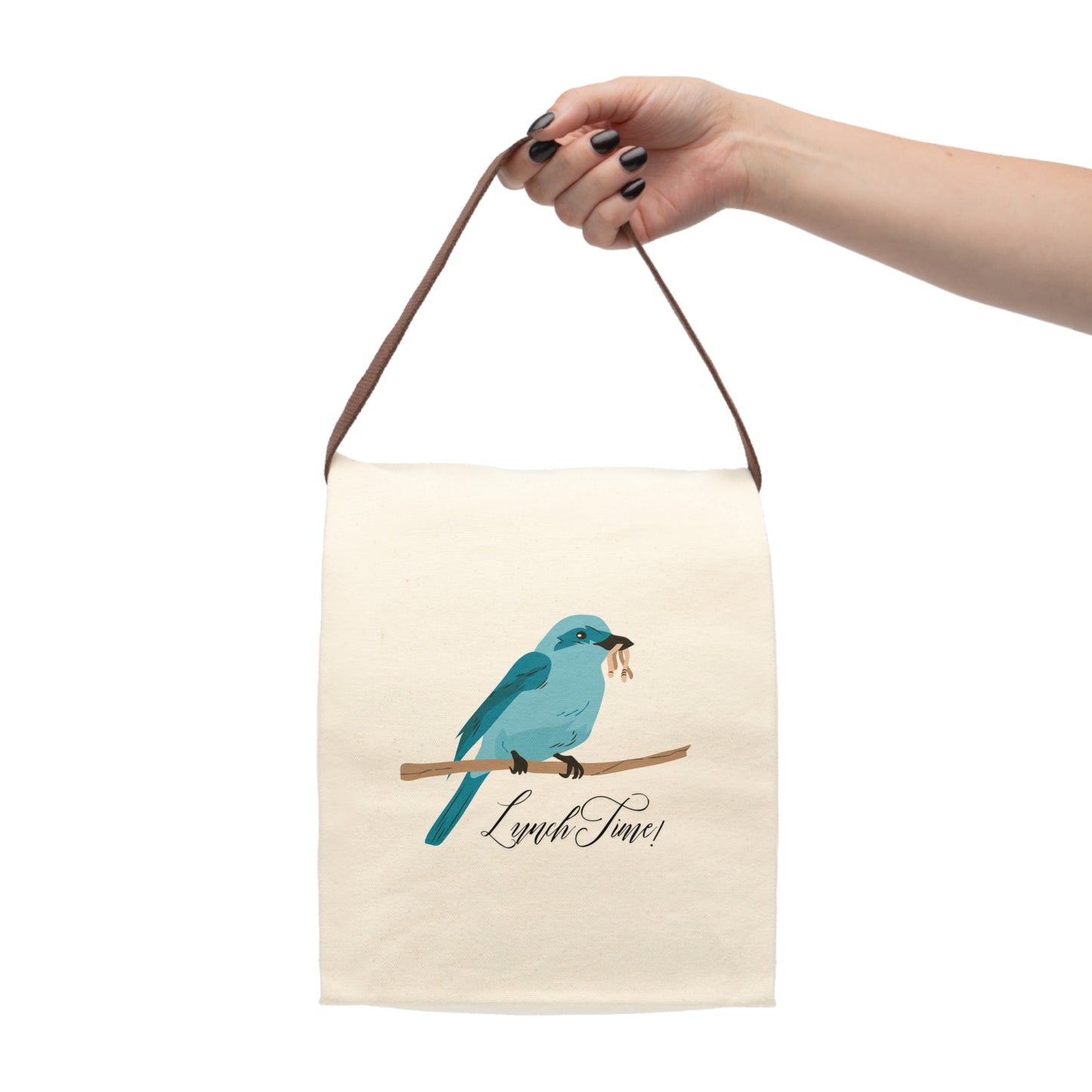 Canvas Lunch Bag — "Lunch Time" Blue Bird Tote with Strap