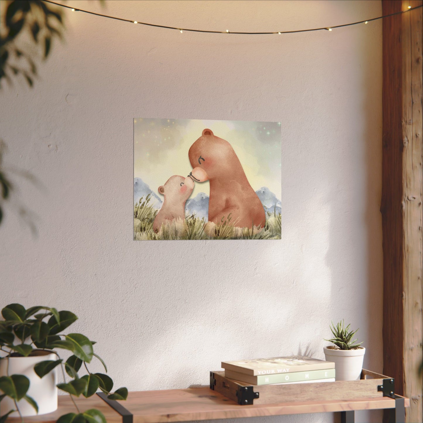 Mama Bear & Cub Watercolor Poster — Nursery Wall Art, Textured Matte Print