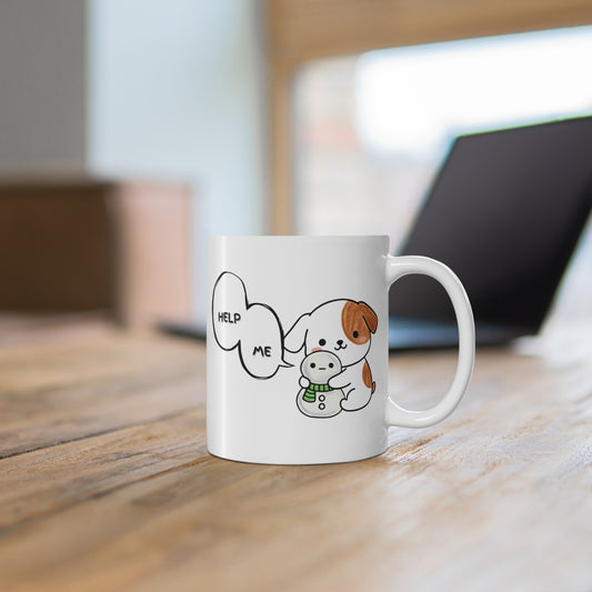 Funny Dog Mug – “Help Me” Snowman Dog Toy Design, Cute Kawaii Coffee Cup for Dog Lovers, 11oz White Ceramic Mug, Pet Humor Gift