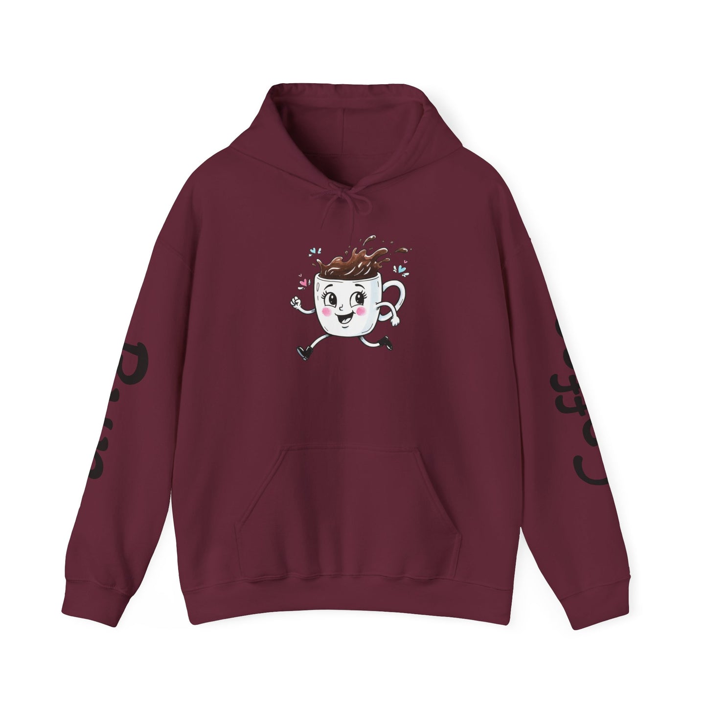 Coffee Cup Mascot Hoodie — Cute Running Coffee Mug Graphic Sweatshirt with Sleeve 'Coffee Run' Text
