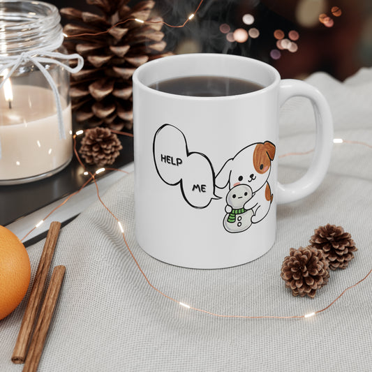 Funny Dog Mug – “Help Me” Snowman Dog Toy Design, Cute Kawaii Coffee Cup for Dog Lovers, 11oz White Ceramic Mug, Pet Humor Gift