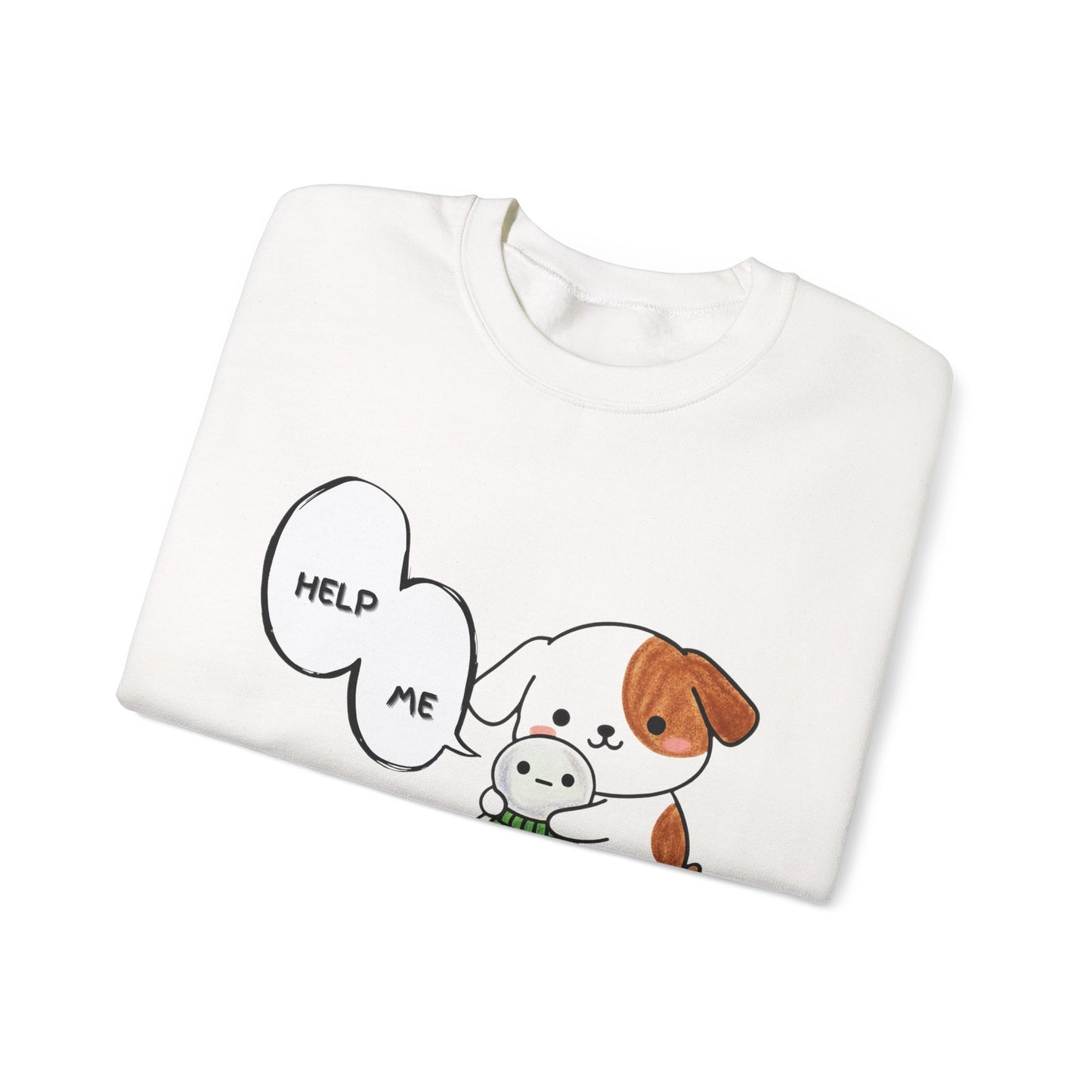 Funny Dog Sweatshirt – “Help Me” Snowman Dog Toy Design, Cute Kawaii Crewneck for Dog Lovers, Cozy Unisex Pullover, Pet Humor Gift