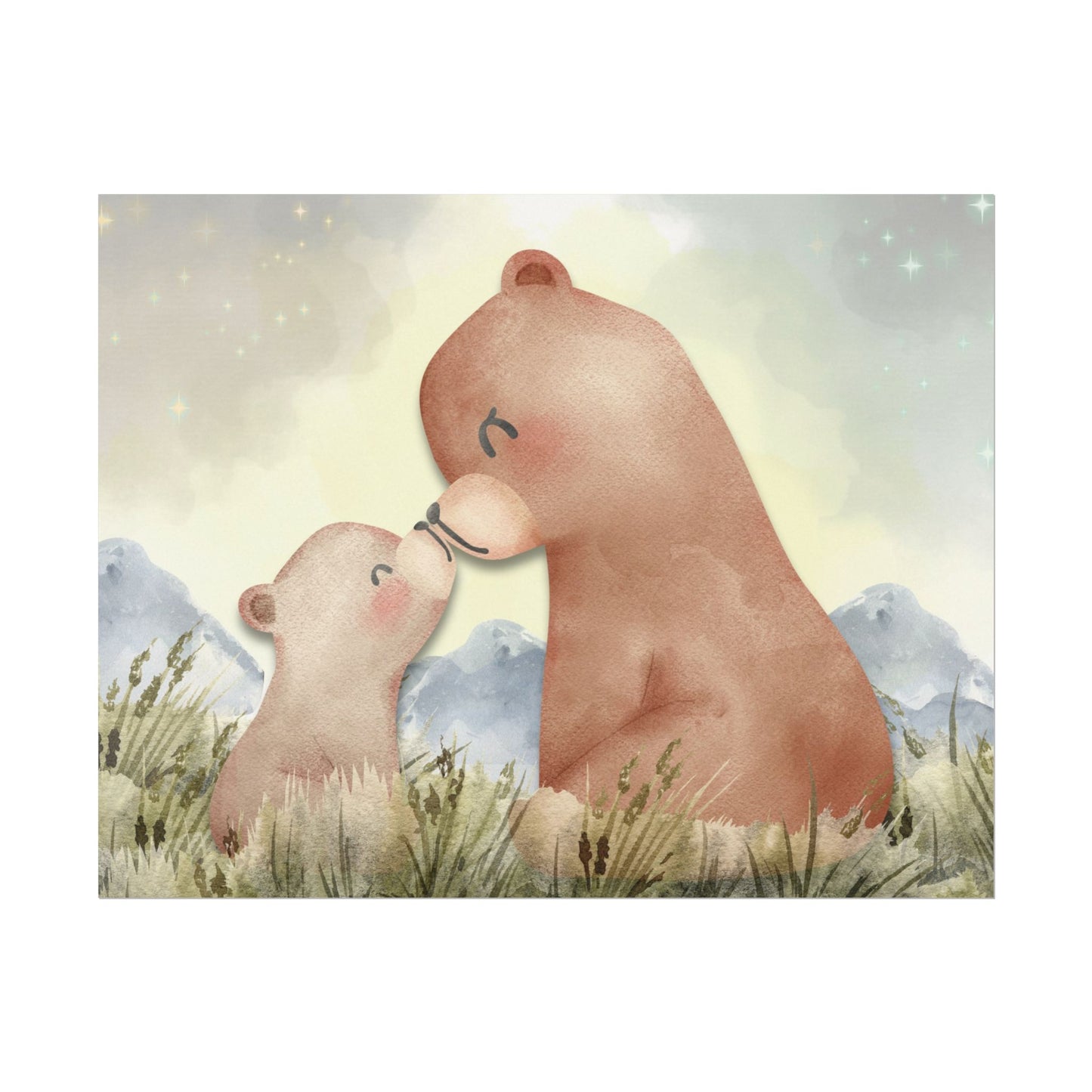 Mama Bear & Cub Watercolor Poster — Nursery Wall Art, Textured Matte Print