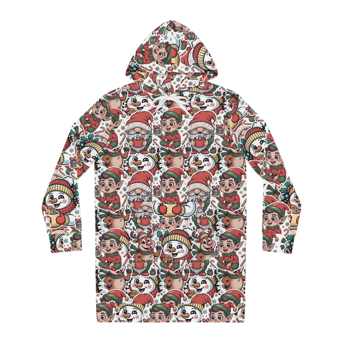 Ugly Christmas Sweater Hoodie Dress for Women – Funny Holiday "AI Slop" Edition Meme Style with Gnome Santa, Elf & Reindeer Print | Cozy Festive Sweatshirt Dress