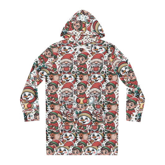 Ugly Christmas Sweater Hoodie Dress for Women – Funny Holiday "AI Slop" Edition Meme Style with Gnome Santa, Elf & Reindeer Print | Cozy Festive Sweatshirt Dress