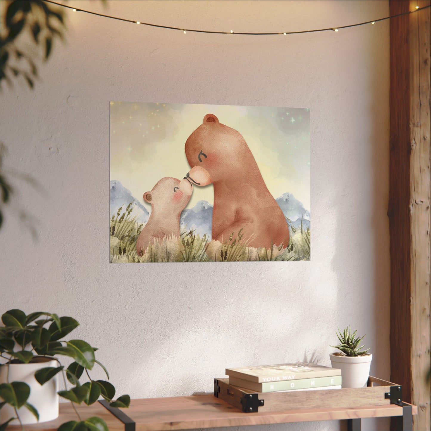 Mama Bear & Cub Watercolor Poster — Nursery Wall Art, Textured Matte Print