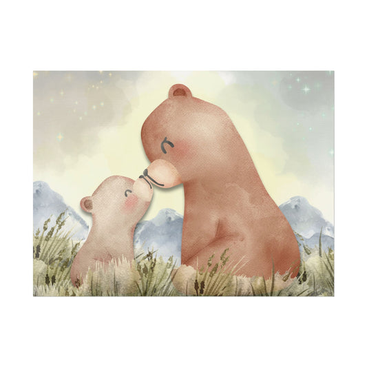 Mama Bear & Cub Watercolor Poster — Nursery Wall Art, Textured Matte Print