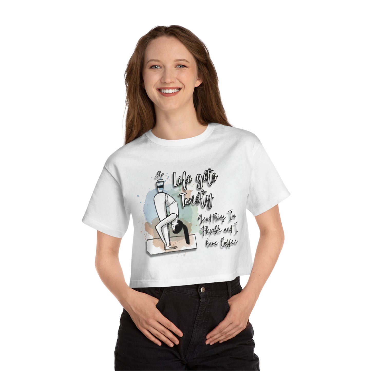 “Life Gets Twisty” Yoga Coffee Champion Crop Top – Funny Yoga Shirt for Women, Flexible Coffee Lover Gift, Cropped Graphic Tee, Workout & Chill Apparel