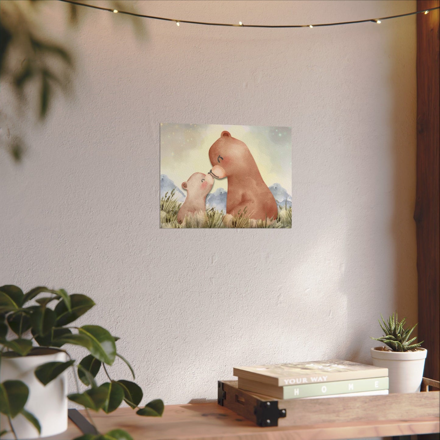 Mama Bear & Cub Watercolor Poster — Nursery Wall Art, Textured Matte Print