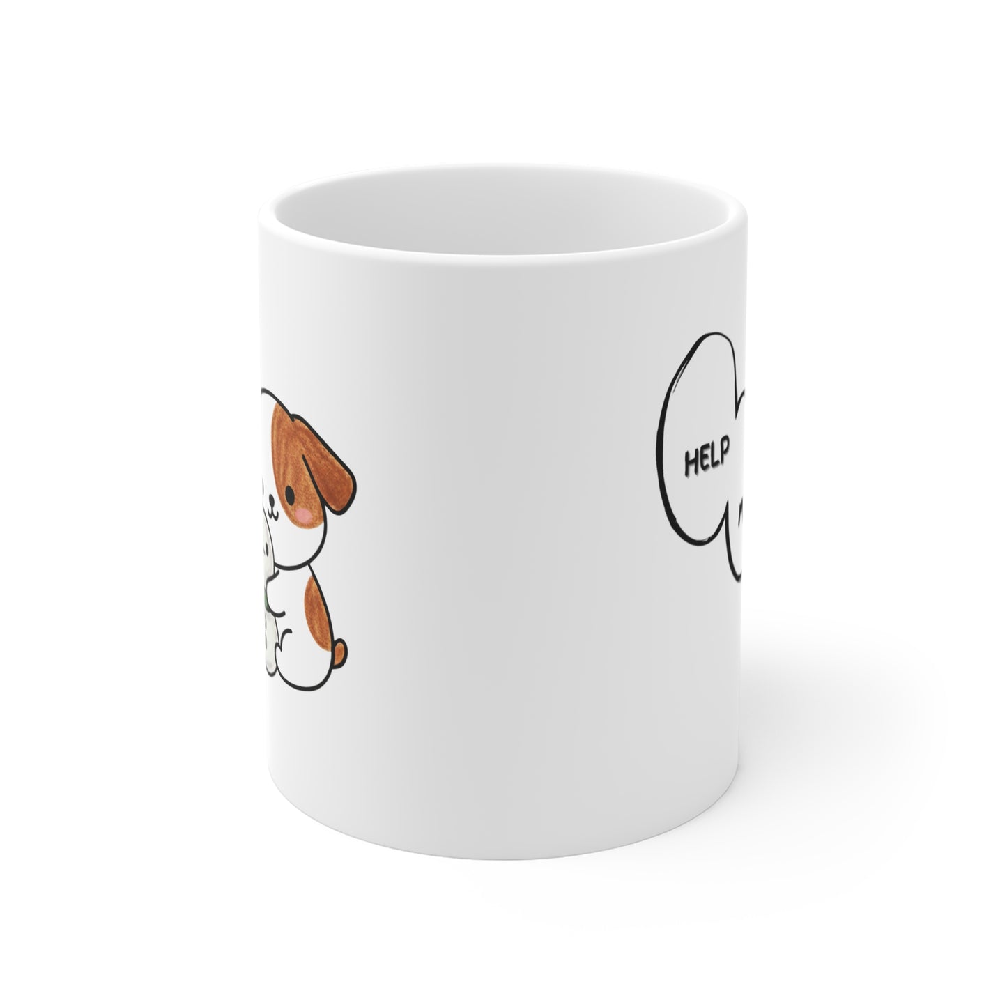 Funny Dog Mug – “Help Me” Snowman Dog Toy Design, Cute Kawaii Coffee Cup for Dog Lovers, 11oz White Ceramic Mug, Pet Humor Gift
