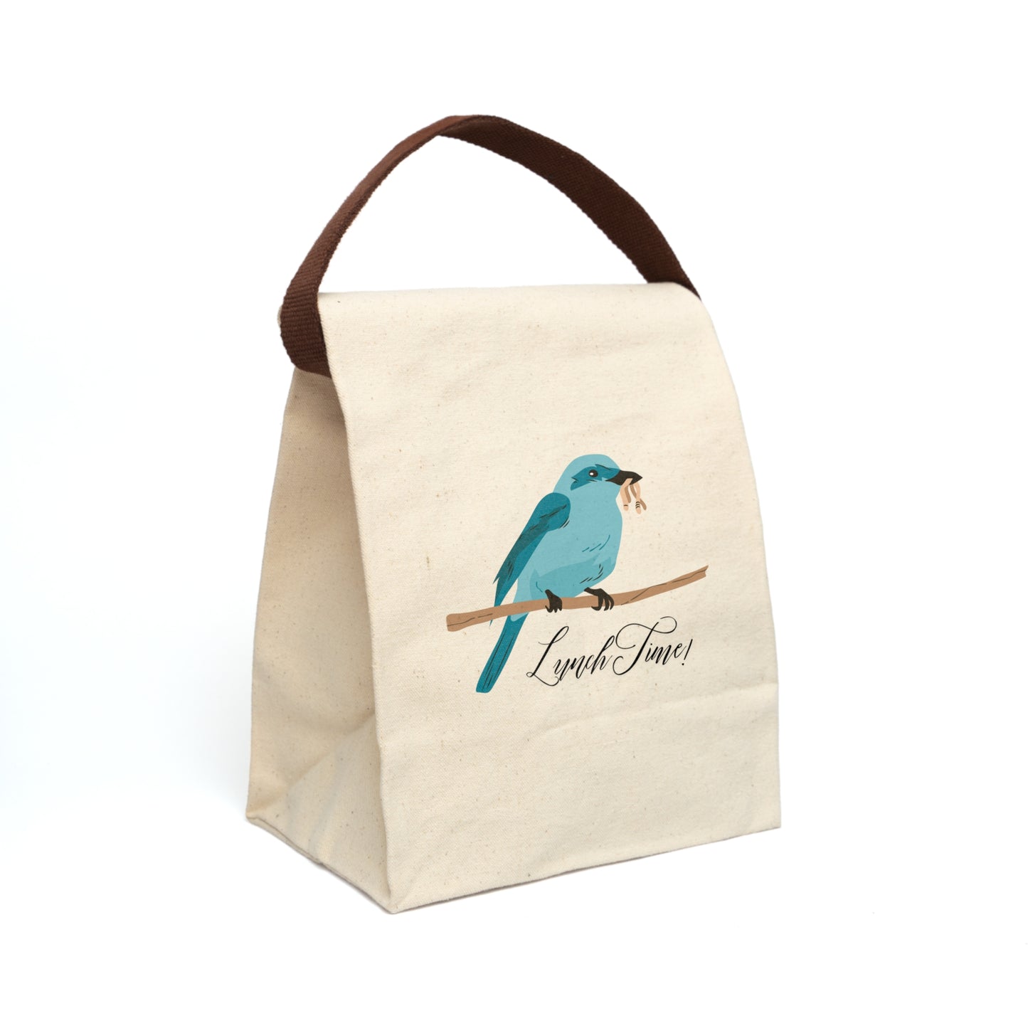 Canvas Lunch Bag — "Lunch Time" Blue Bird Tote with Strap