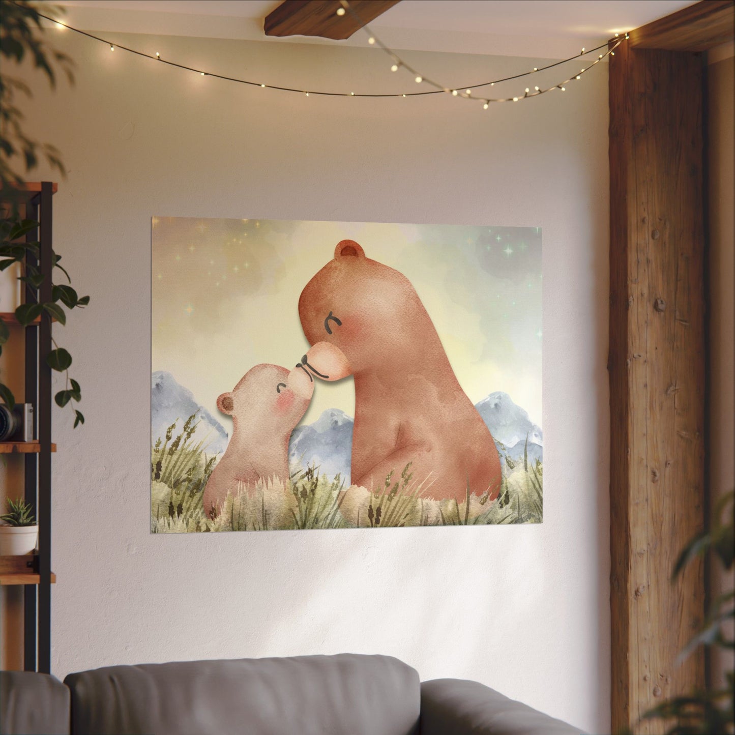 Mama Bear & Cub Watercolor Poster — Nursery Wall Art, Textured Matte Print