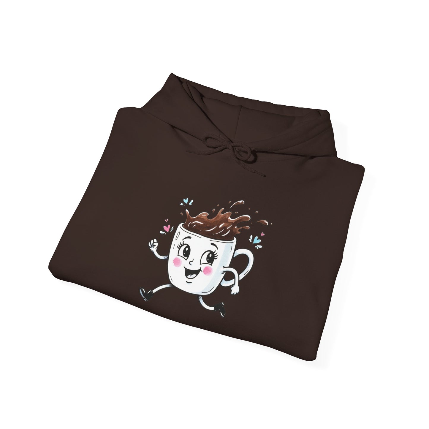Coffee Cup Mascot Hoodie — Cute Running Coffee Mug Graphic Sweatshirt with Sleeve 'Coffee Run' Text