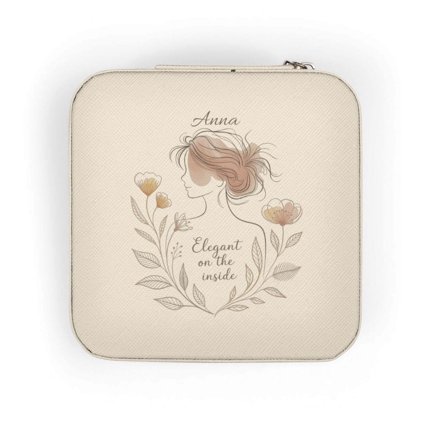 Personalized Travel Jewelry Case – Custom Name Jewelry Box in Pink, Ivory & Soft Gold | “Elegant on the Inside” Floral PU Leather Organizer | Gift for Her