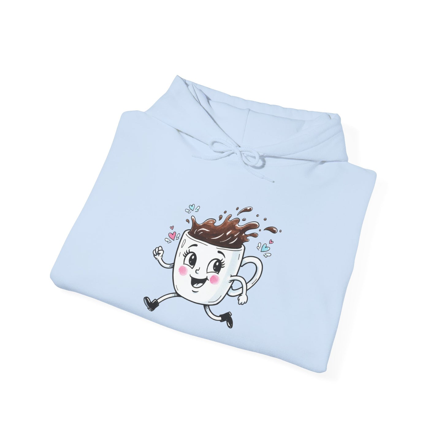 Coffee Cup Mascot Hoodie — Cute Running Coffee Mug Graphic Sweatshirt with Sleeve 'Coffee Run' Text
