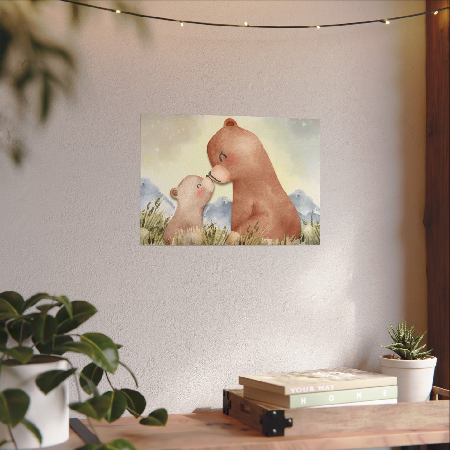 Mama Bear & Cub Watercolor Poster — Nursery Wall Art, Textured Matte Print