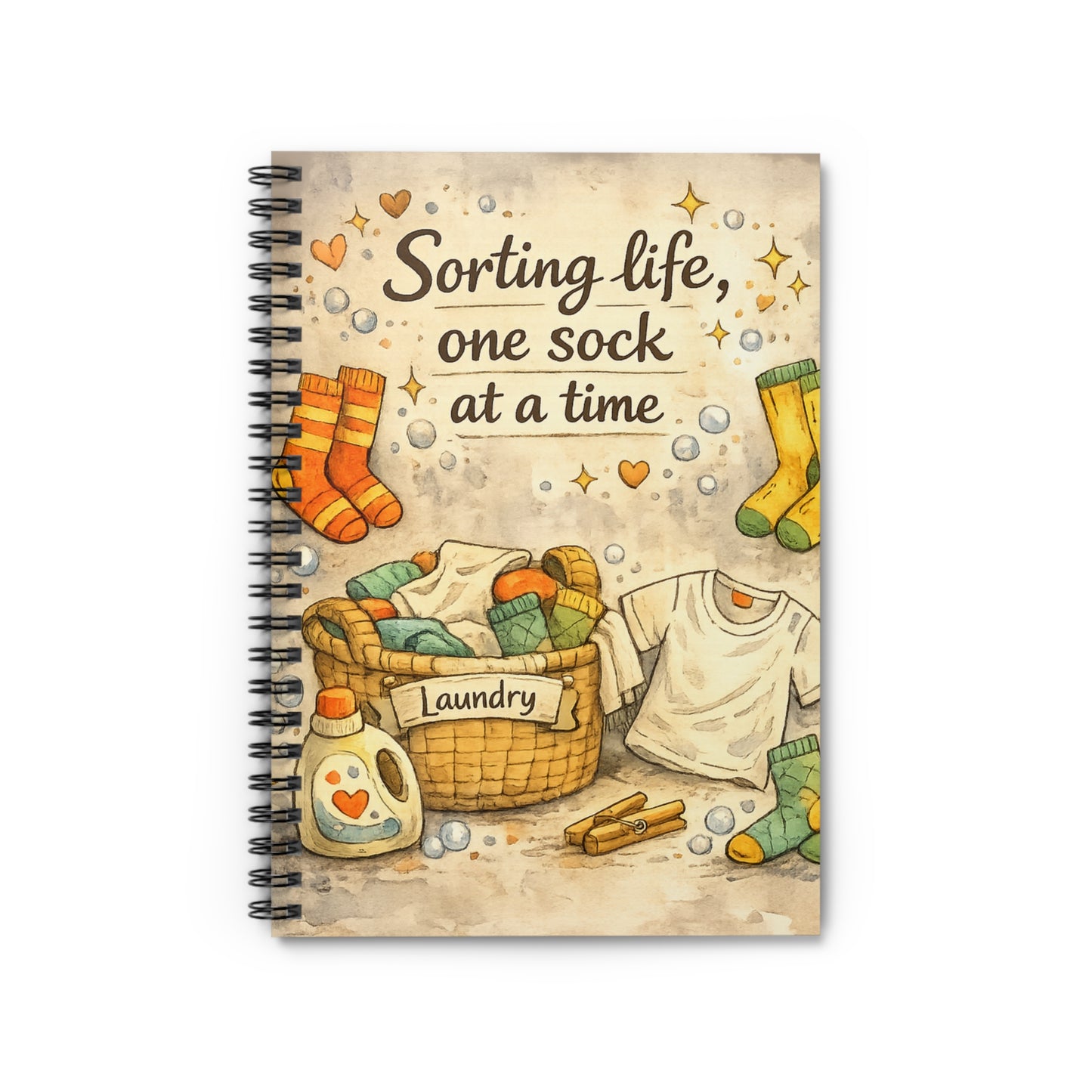 Notebook with laundry-themed design and text 'Sorting life, one sock at a time' on a beige background.