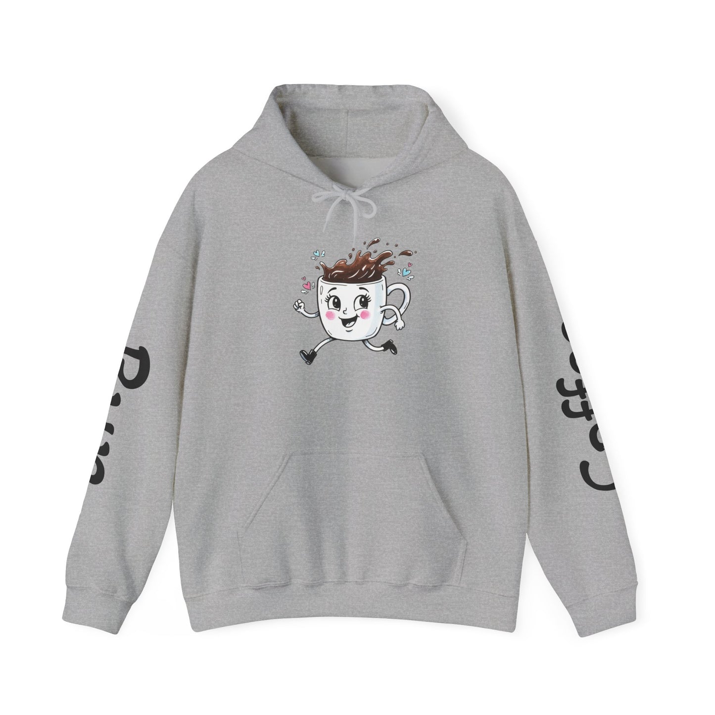 Coffee Cup Mascot Hoodie — Cute Running Coffee Mug Graphic Sweatshirt with Sleeve 'Coffee Run' Text