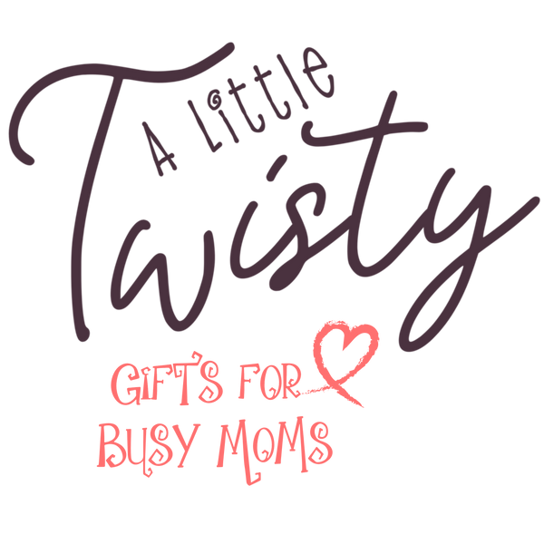 Logo for 'A Little Twisty' with text 'Gifts for Busy Moms' on a white background with a heart icon